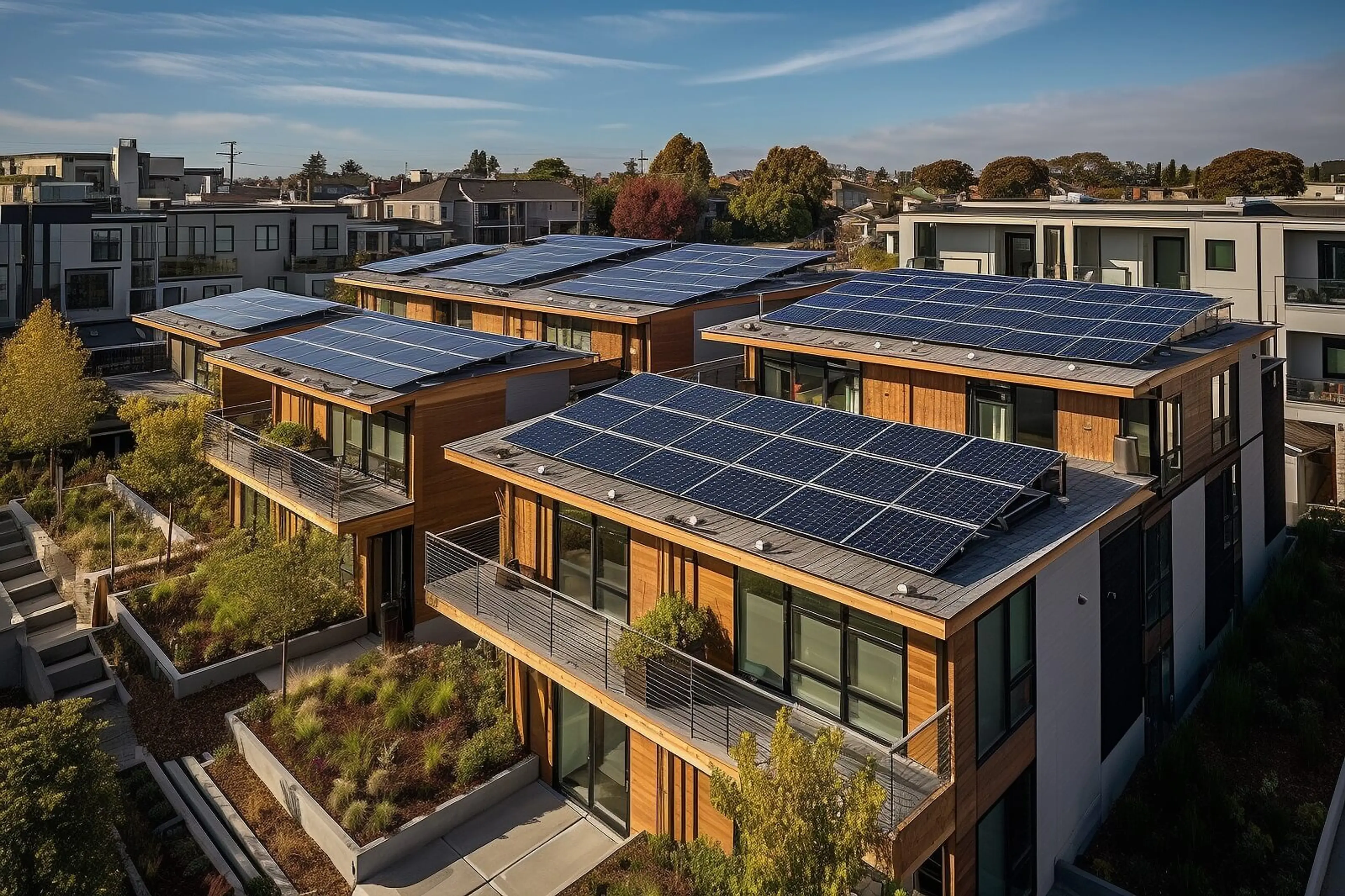 Solarpanels auf dem Dach eines Mehrfamilienhauses, das umweltfreundliche Energie erzeugt.