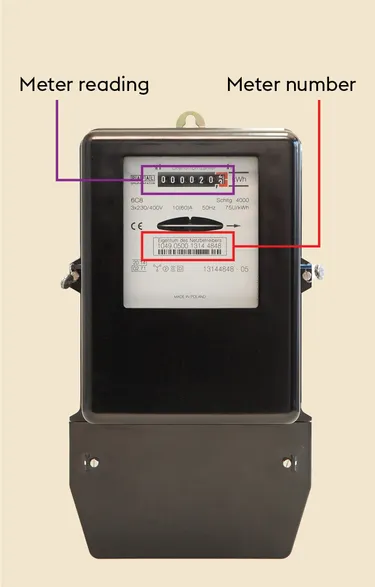 Stromzähler mit englischer Markierung des Zählerstands und der Zählernummer