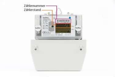 Stromzähler Easymeter mit Markierung der Zählernummer und des Zählerstands