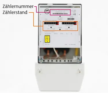 Detailaufnahme eines Zweitarifzählers für Bezug und Einspeisung mit Markierung der Zählernummer und des Zählerstands