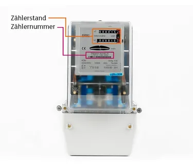 Zweitarifzähler Strom mit Markierung der Zählernummer und des Zählerstands